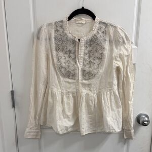 Anthropologie Floreat Elegant Cream Blouse with Gray Embroidery Size 0